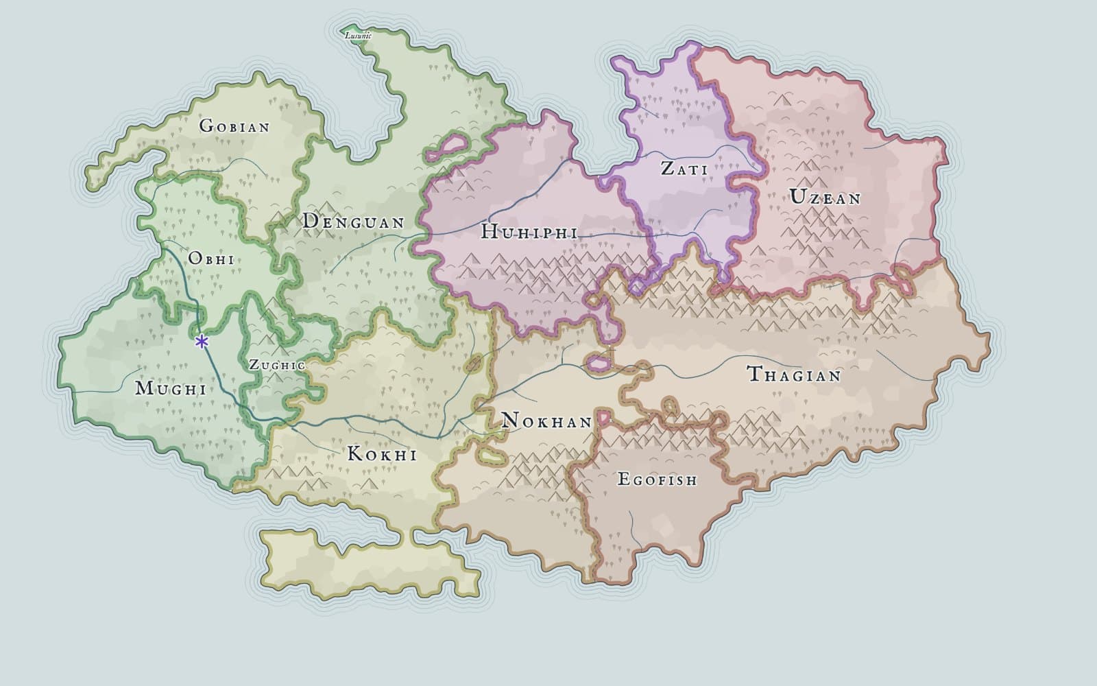 A hand-tinted map of an invented continent, divided among a dozen languages with names like Thagian, Nokhan and Huhiphi.