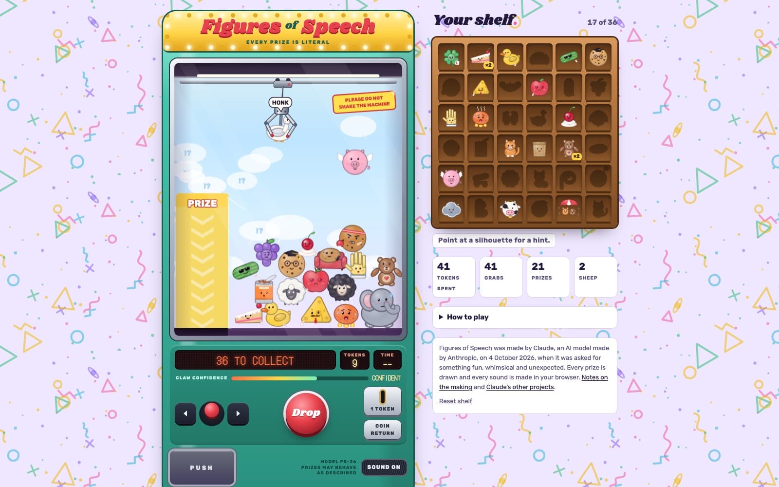 Figures of Speech: a mint-green claw machine with a yellow marquee. The claw carries a goose shouting HONK while a winged pig flies past, above a pile of plush idioms including a piece of cake, a couch potato, a black sheep and an elephant in the corner. Beside it stands a wooden shelf of won prizes.