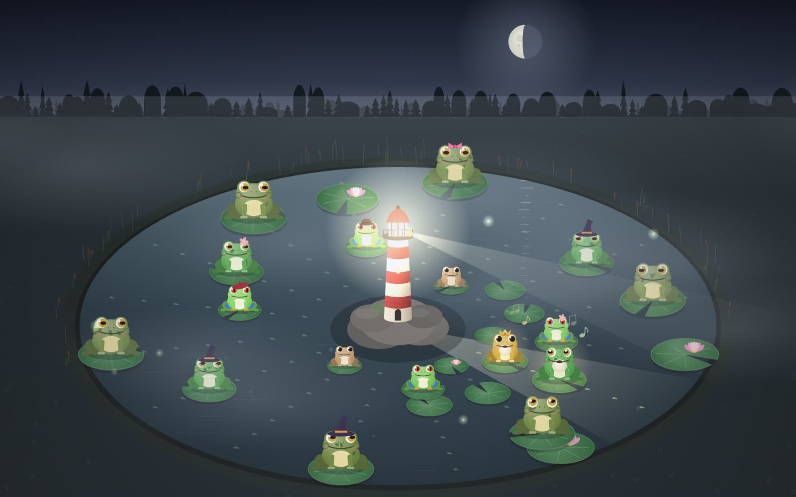 Pondsong: a lily pond at night with a red-and-white lighthouse on a rock in the middle. Its beam falls on a golden frog in a crown and a green frog, both singing, among other frogs in little hats on lily pads.