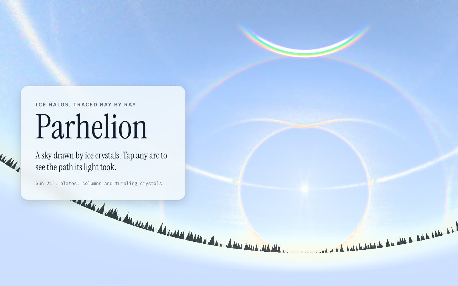 Parhelion: a simulated winter sky with the 22° halo, two sun dogs, the parhelic circle, an upper tangent arc and a vivid circumzenithal arc above spruce trees.